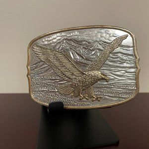 Gold Eagle Silver Tone Belt Buckle Vintage Western Mountain Scene #182893